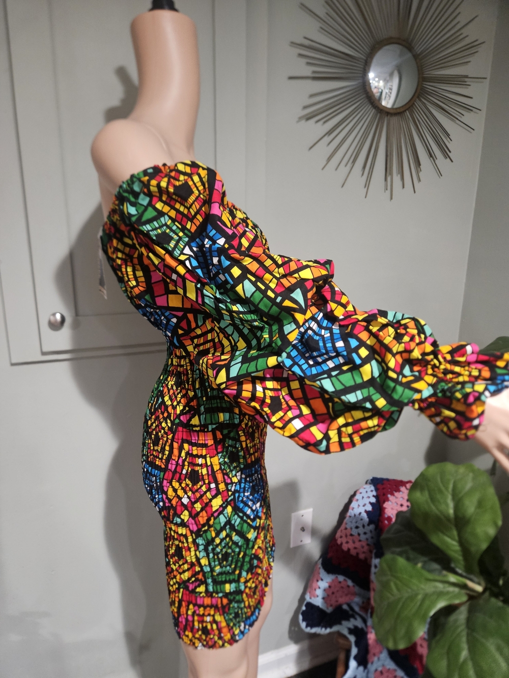 Awelana Tibori NWT Off Shoulder Smocked Mini Dress Colorful Mosaic Print - Picture 14 of 16